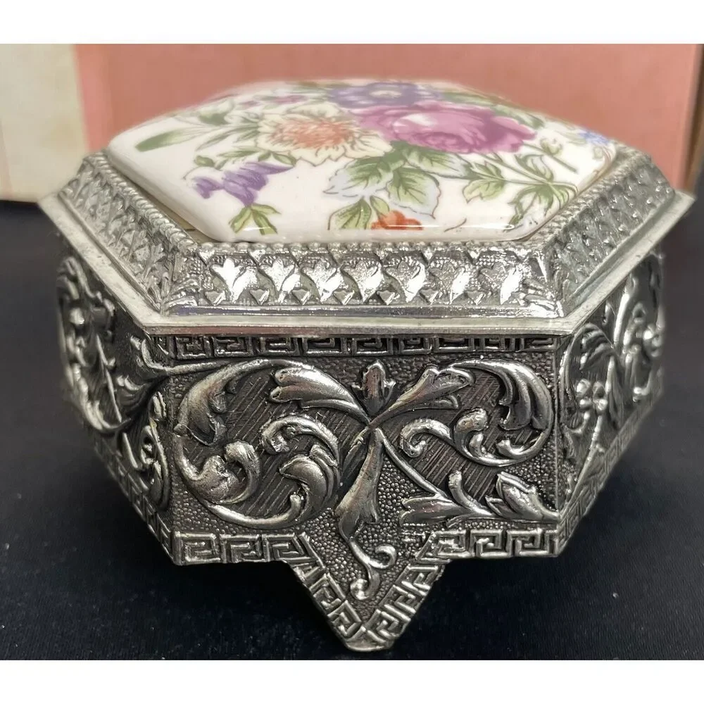 Vintage Japan Jewelry Trinket Box Silver Plated Painted Floral Hinged Top Lined - Picture 8 of 15